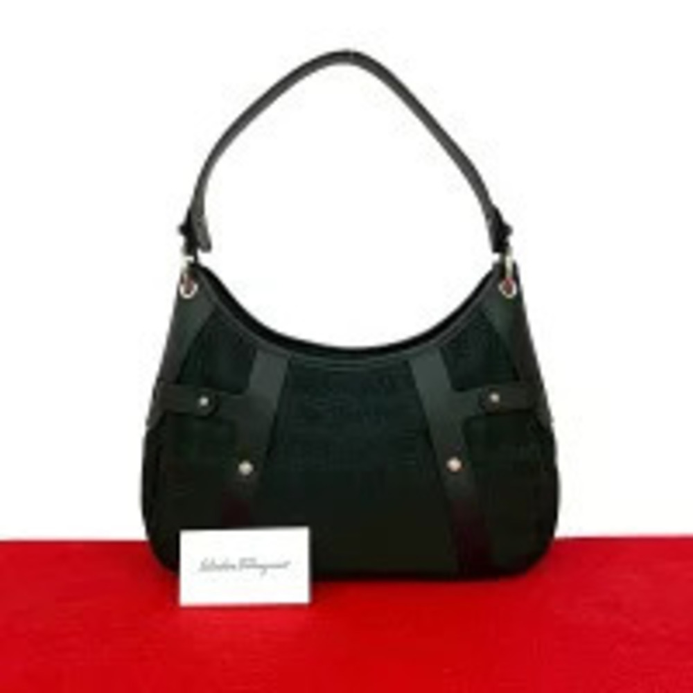 Salvatore Ferragamo Leather Canvas One Hobo Bag Black